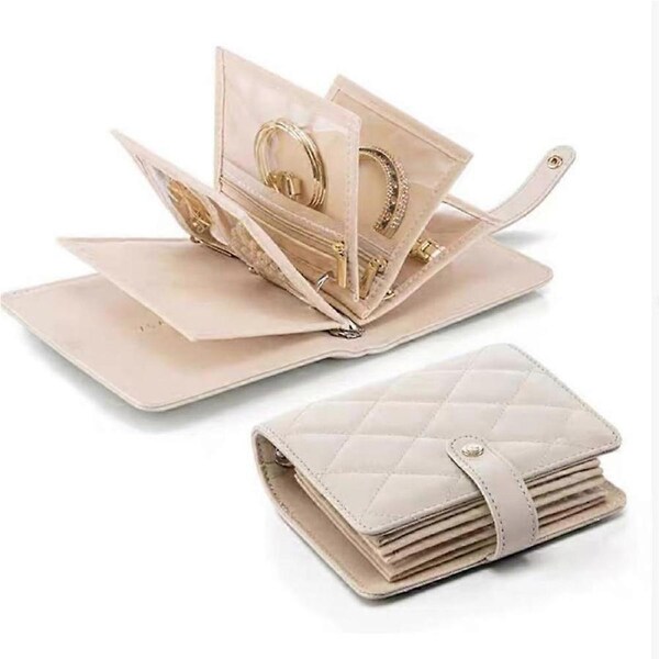 Travel Jewelry Organizer PU Leather Compact Storage Case for Women Rings Earrings Necklaces Beige