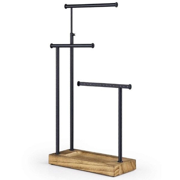 Extra Tall Jewelry Organizer Stand with Rotatable TBar Necklace Holder and Wooden Tray ?C Black