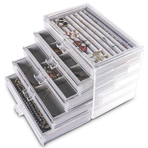 Extra Large 5 Drawer Acrylic Jewelry Organizer for Women with Clear Design and Velvet Lined Trays (Grey)