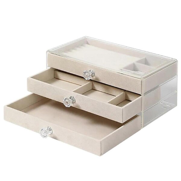 Jewelry Organizer with 3 Drawers, Velvet Lining and Acrylic Lid, Stackable Storage Box for Women
