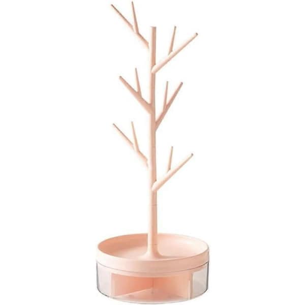 Pink Rotating Jewelry Organizer Tree Stand with Large Capacity Storage Box for Necklaces Earrings Rings
