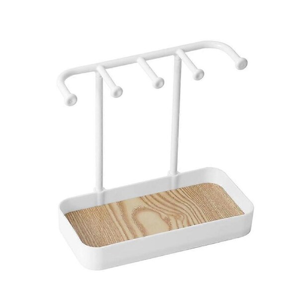 White Desktop Jewelry Organizer Stand with Wooden Tray, 5 Hooks Earring and Necklace Holder