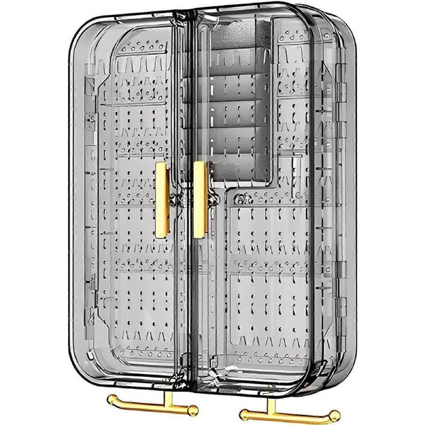 Wall Mounted Jewelry Organizer with Foldable Compartments, NoDrill Hanging Holder for Necklaces, Earrings, Rings and Bracelets ?C Elegant Gray