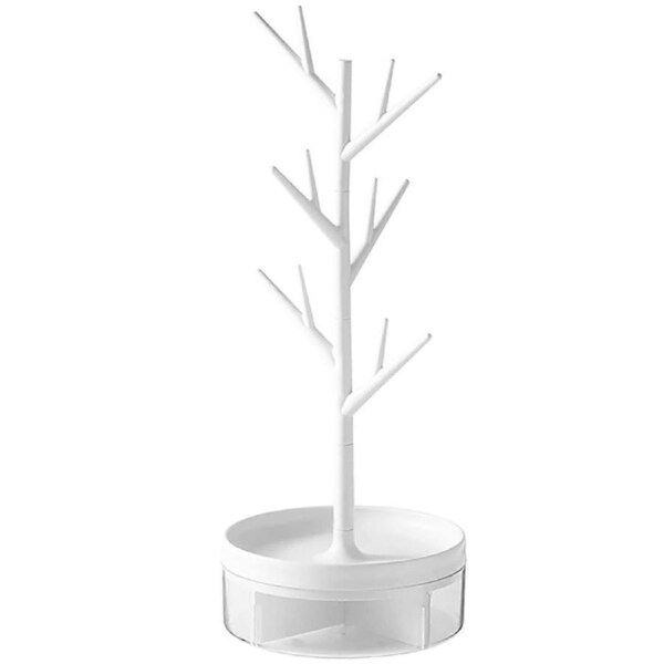 Jewelry Organizer Tree Stand 360?? Rotatable Display with Acrylic Tray for Necklaces Earrings Bracelets Rings 14.6 Inch White