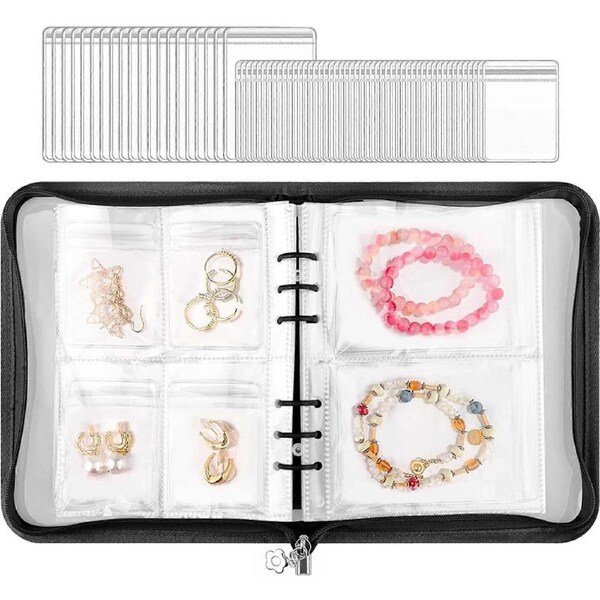 Jewelry Organizer Book with Clear Pockets and Zipper Closure for Travel Earrings and Necklaces