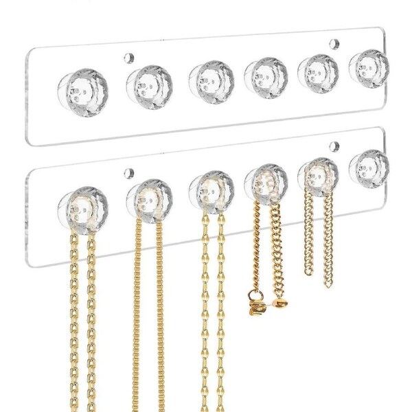 Necklace Holder Wall Mounted Acrylic Jewelry Organizer with 6 Hooks for Bracelets Keys 2 Pack Clear