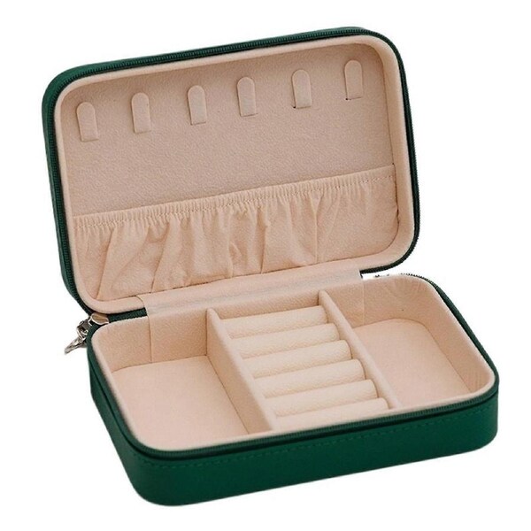 Travel Jewelry Box PU Leather Organizer with Multiple Compartments and Secure Zipper Closure Green