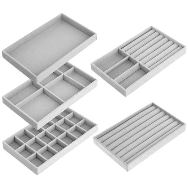 5 Pack Grey Velvet Jewelry Organizer Tray Set, Stackable Display for Rings, Earrings, Necklaces