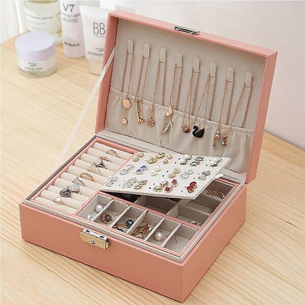 Pink Faux Leather Jewellery Box, TwoLayer Organiser with Removable Tray, Wedding Gift