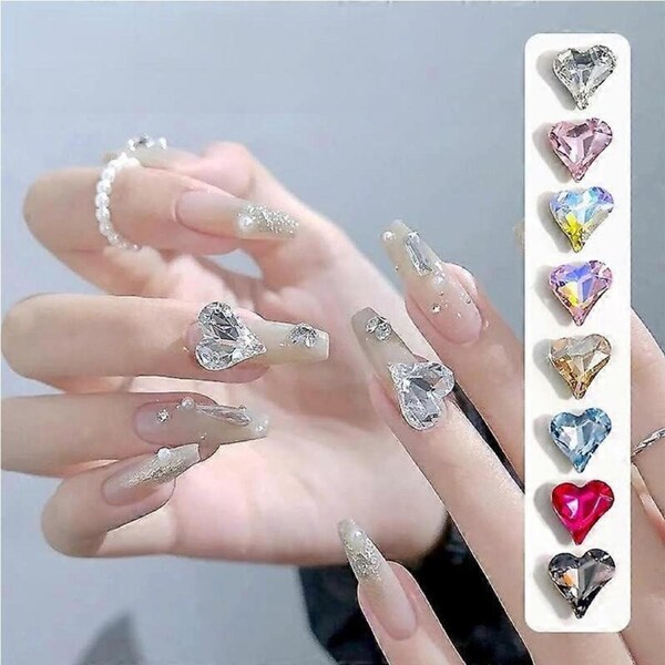 Press On Nail Tips with Heart Shaped Rhinestones 3D Crystal Full Coverage Acrylic Nail Art