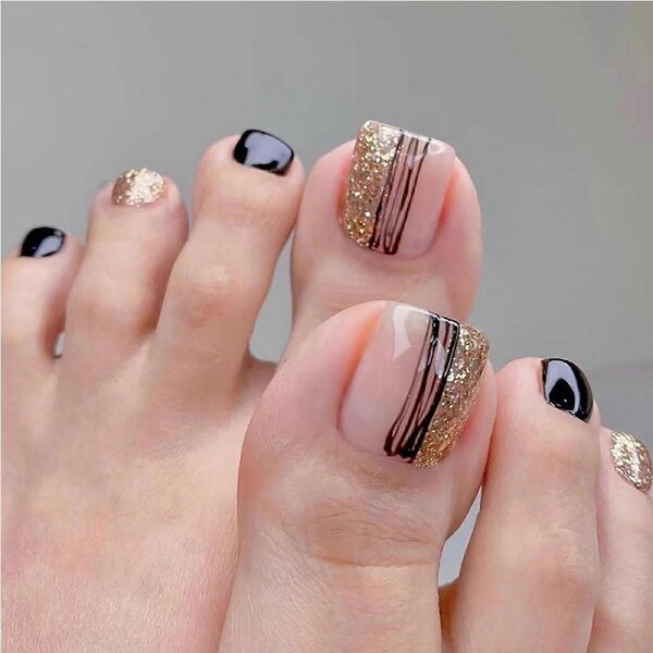 Press on Toenails Black Gold Glitter French Style Reusable Glossy Acrylic Pedicure Set 24PCS
