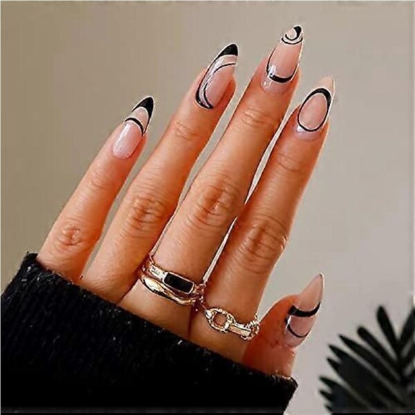 Almond Shape Press On Nails Black French Tip Glossy Full Cover Acrylic Fake Nails Kit 24pcs