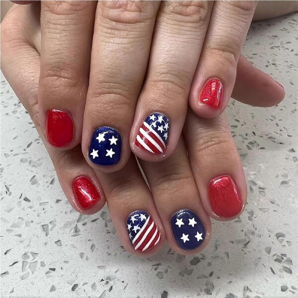 24Pcs Fourth of July Press On Nails Short Square American Flag Fake Nails Patriotic Nail Art Kit