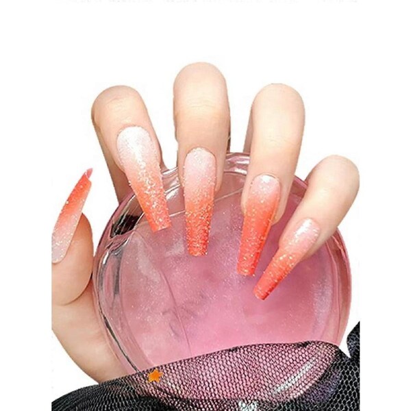Long Orange Glitter False Nails with Glue, 24pcs Glossy Press On Nails Set for Home and Salon Styling