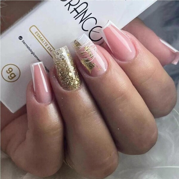 Press on Nails Long Pink Square Acrylic Fake Nails with White Stripes Glitter for Women 24Pcs