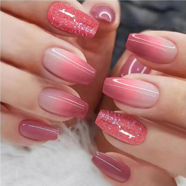 Pink Coffin Press On Nails Medium Gradient Acrylic with Glitter ReadytoWear Manicure 24Pcs