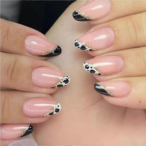 Medium Almond Press on Nails Nude White Glossy Cow Pattern Reusable Fake Nails Manicure Kit 24Pcs