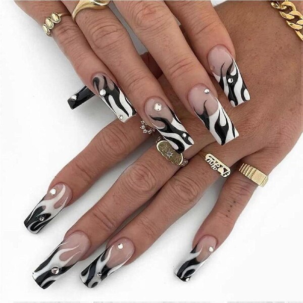 24PCS Black and White Coffin Press On Nails with Diamonds, Long Ballerina False Nails with Adhesive