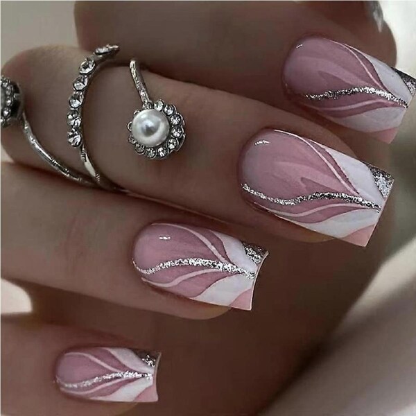Short Square Press On Nails with French Tip White Swirl and Glitter, Pink Glue On Fake Nails Set 24PCS