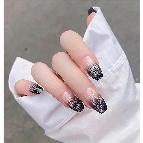 Black Coffin Press on Nails Chrome Gel Shine Medium Fake Nails with Design Salon Quality Finish