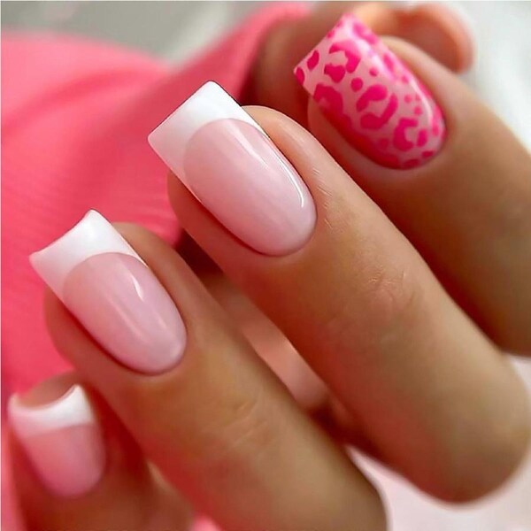 24Pcs French Tip Medium Square Press on Nails with Glue Glossy Pink Leopard Fake Nails Set