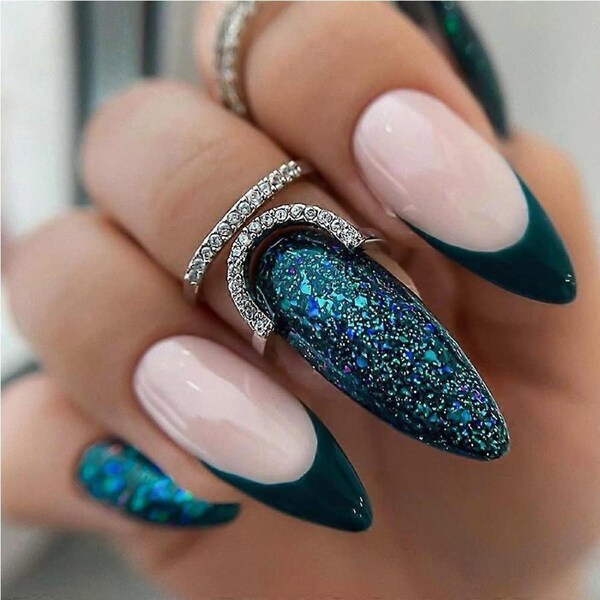 Dark Green Almond Press on Nails Glossy Glitter Acrylic Fake Nail Tips Instant Salon Look 24pcs