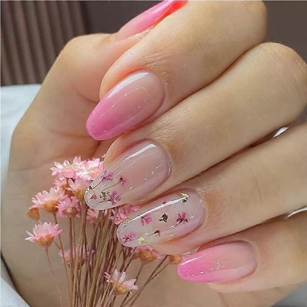 Reusable Press On Nails Set 24pcs Instant Gel Finish with Easy Glue Tabs Natural Look