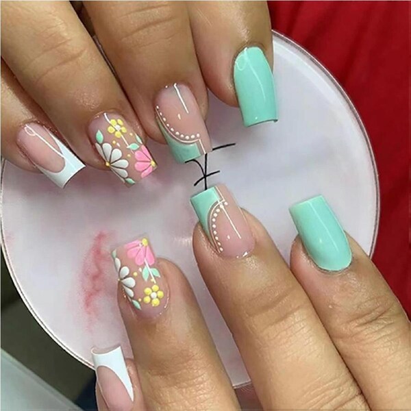 Press On Nails with Glue Medium Square Acrylic Fake Nails French Floral Design Full Cover Glossy