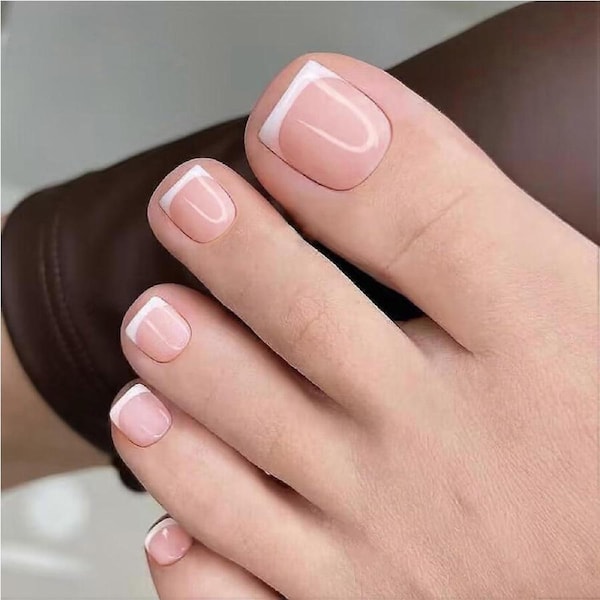 24pcs Nude Pink French Tip Press On Toenails Short Square Acrylic Fake Toenails Glossy Full Cover