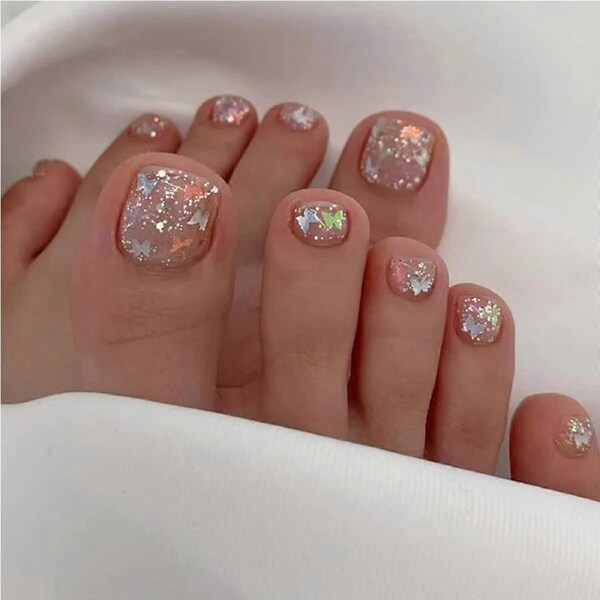 Square Short Press On Toenails Silver Glitter Butterfly Full Cover Fake Toenails with Adhesive