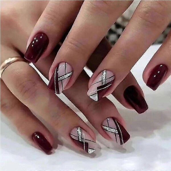 Red French Tip Press On Nails Square Coffin Set with Glue, 24pcs Multiple Sizes