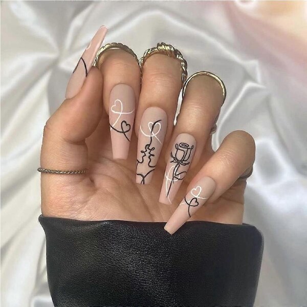 Press On Nails Medium Coffin Acrylic Fake Nails Black White Design 24PCS GlueOn Manicure
