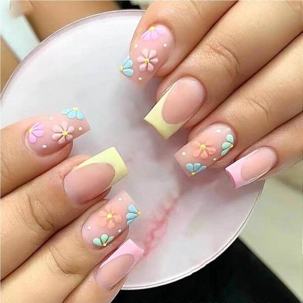 Medium Press On Nails with Pink Flower Design, 24pcs French Glossy Acrylic Fake Nails for Women