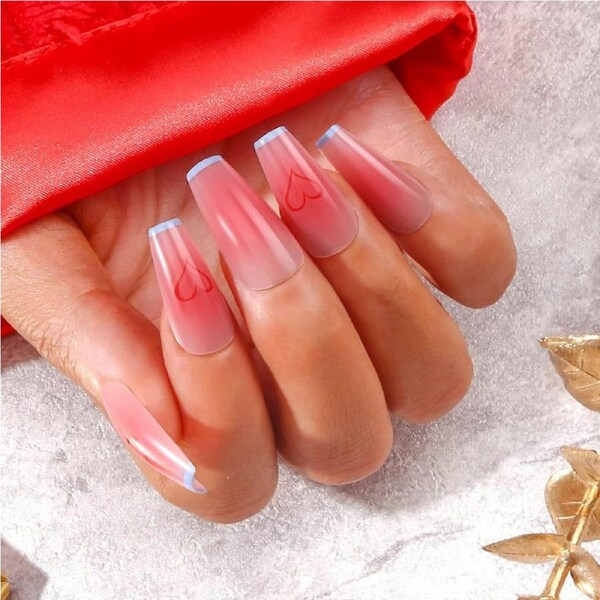 Medium Coffin Press On Nails Blusher Acrylic Full Cover Set 24PCS Fast Salon Style Manicure
