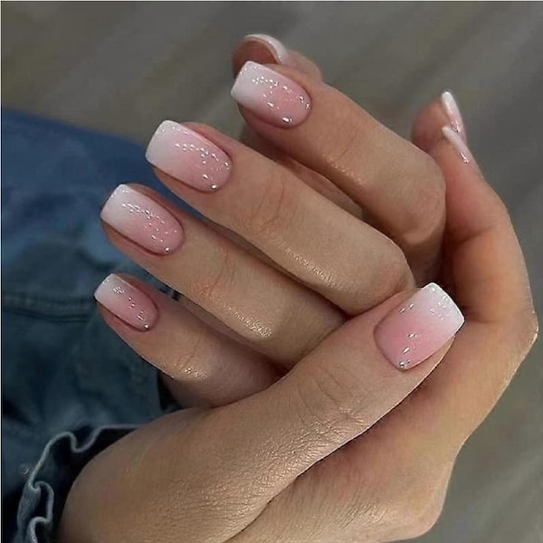 Press On Nails French Acrylic Square Gradient 24pcs Easy Apply Durable Lightweight Set