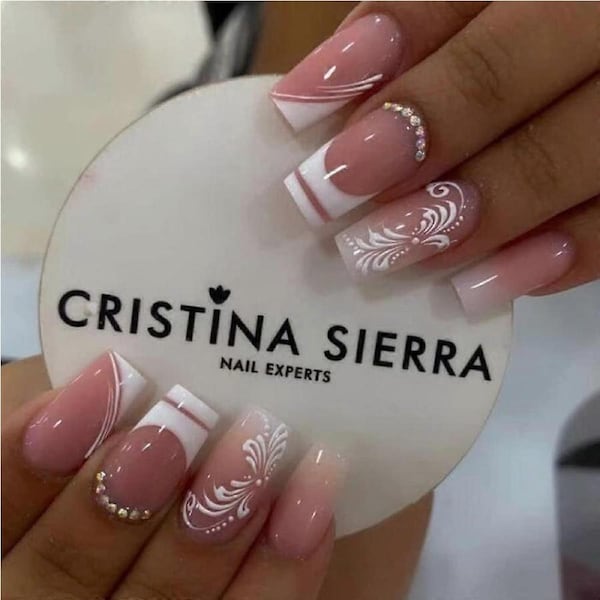 Pink French Tip Press on Nails Square Medium Length with Rhinestone Design and Glue 24pcs