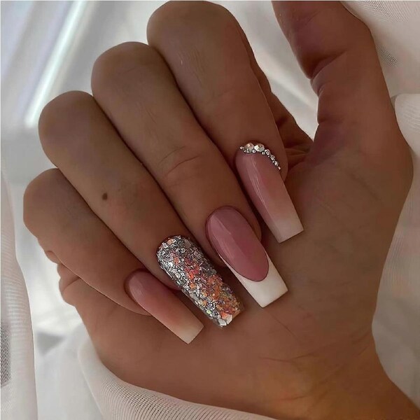 Press On Coffin Fake Nails Pink Gradient French Tips with Rhinestones Long Acrylic Glue On Set 24PCS