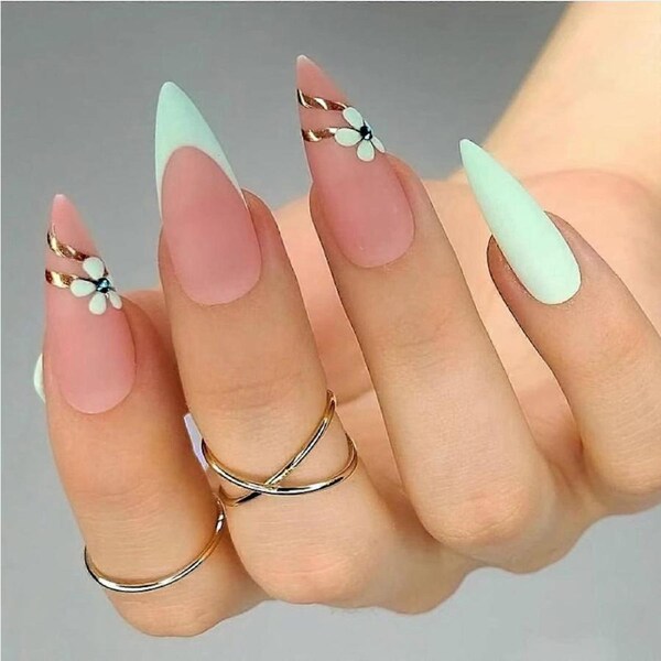 Reusable Press On Nails Set Almond Shape Marble False Nails JP2004 Fast SalonQuality Manicure