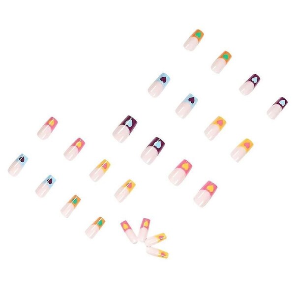 Rainbow French Tip Coffin Press On Nails with Sky Blue Heart Design and Glue, 24Pcs Medium