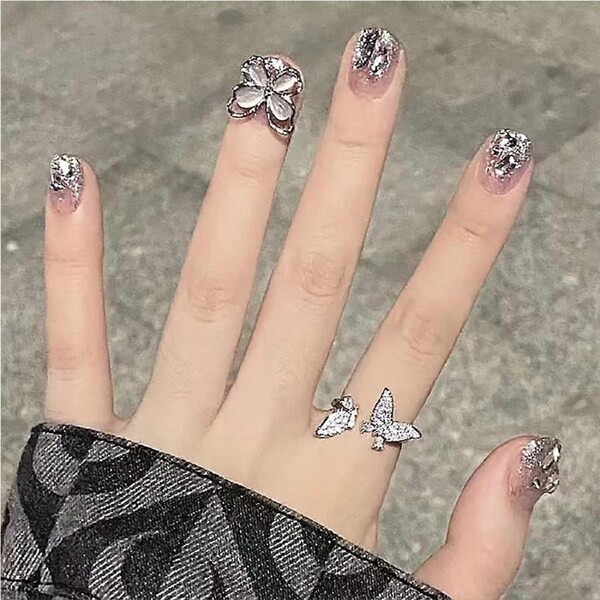 Short Square Press on Nails with Butterfly Gems, 24pcs Fake Nails Kit with Glue for Women