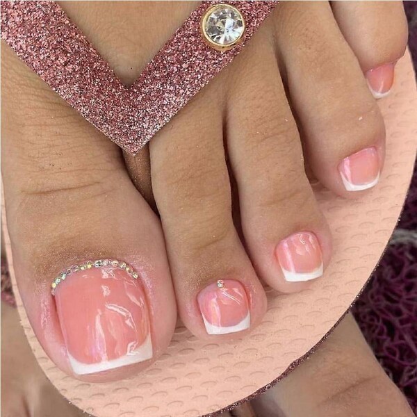 24 PCS Pink Square Press On False Toenails with Glossy Rhinestone Decor, Reusable Nail Kit