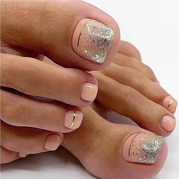 Reusable Nude Square Press On Toenails with Glitter Acrylic Design and Glue for Women 24Pcs