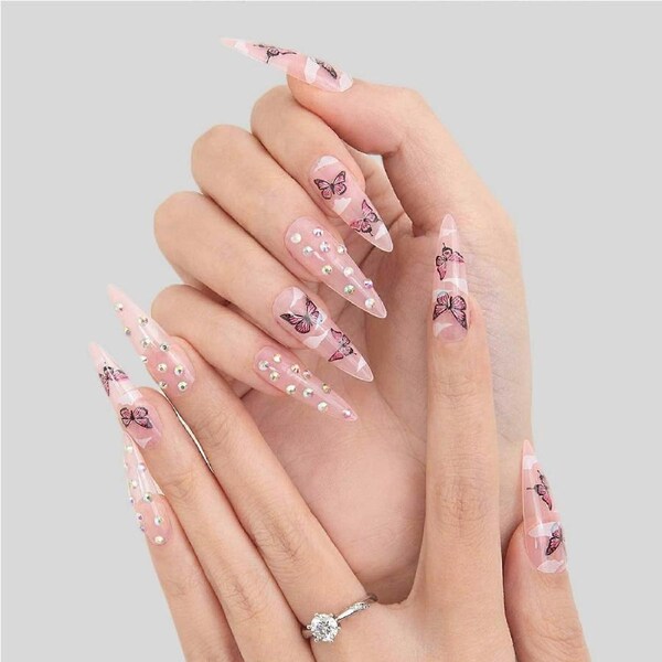Long Pink Press on Nails with Butterfly and Rhinestones, Reusable Acrylic Fake Nails 24pcs with Glue