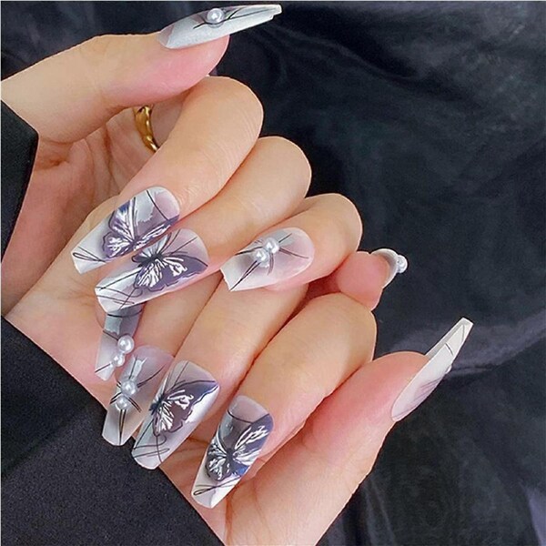 24pcs Coffin Press on Nails Long Pearl Butterfly Design with Glue for Women and Girls
