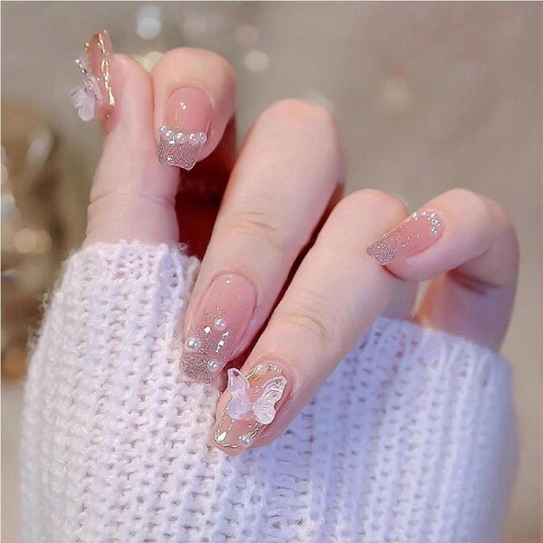 Pink Press on Nails Medium Coffin Shape with Pearl Pink Glossy Butterfly Design 24Pcs Set