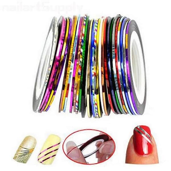Press On Nails Full Coverage Tips with Metallic Nail Art Striping Tape Rolls for DIY Salon Style