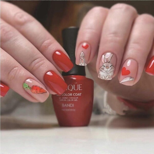 Easter Press On Nails Short Square Fake Nails with Cute Animal Designs Pink Nude Acrylic 24Pcs