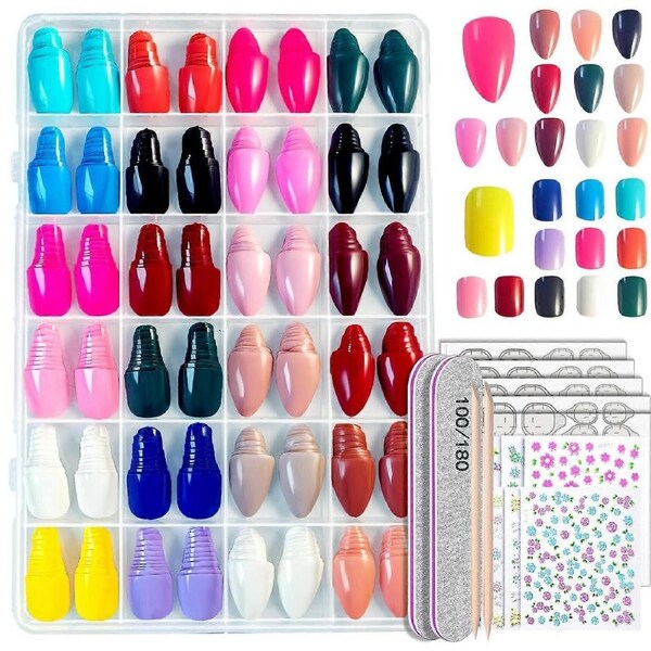 Press On Nails Kit 576Pcs Colorful Glossy Short Almond and Round Fake Nails with Adhesive Tabs
