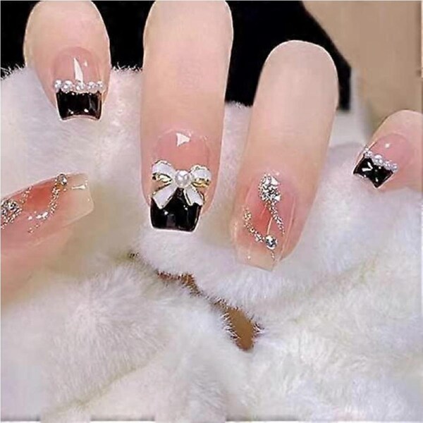 24pcs Short Round Pink French Press On Nails with Heart Design, Waterproof Acrylic Fake Nail Set