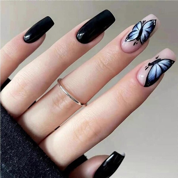 Black Coffin Press on Nails with Butterfly Design, Glossy Acrylic False Nails for Women